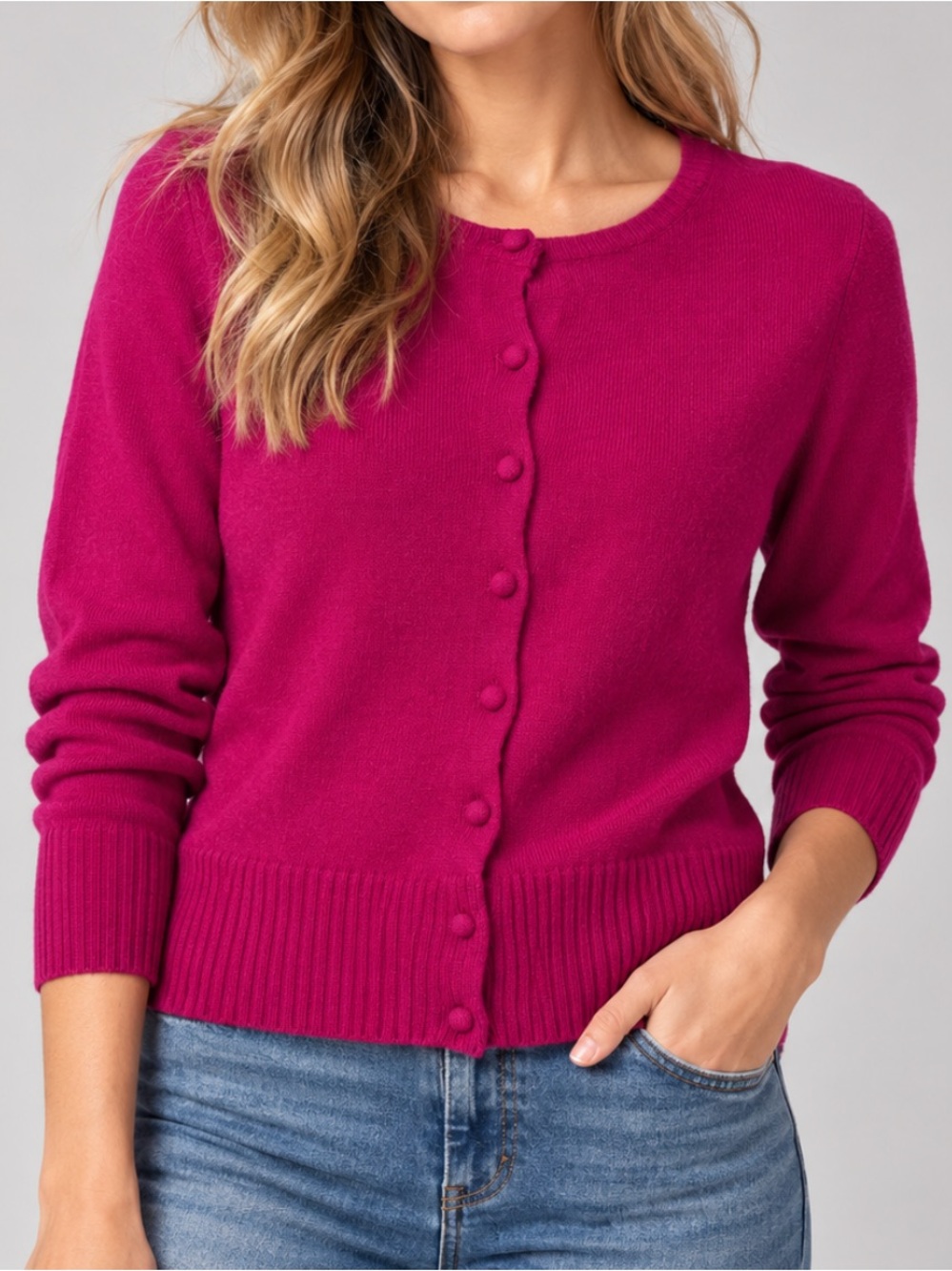 Vince Camuto Magenta Button-Front Crew Cardigan